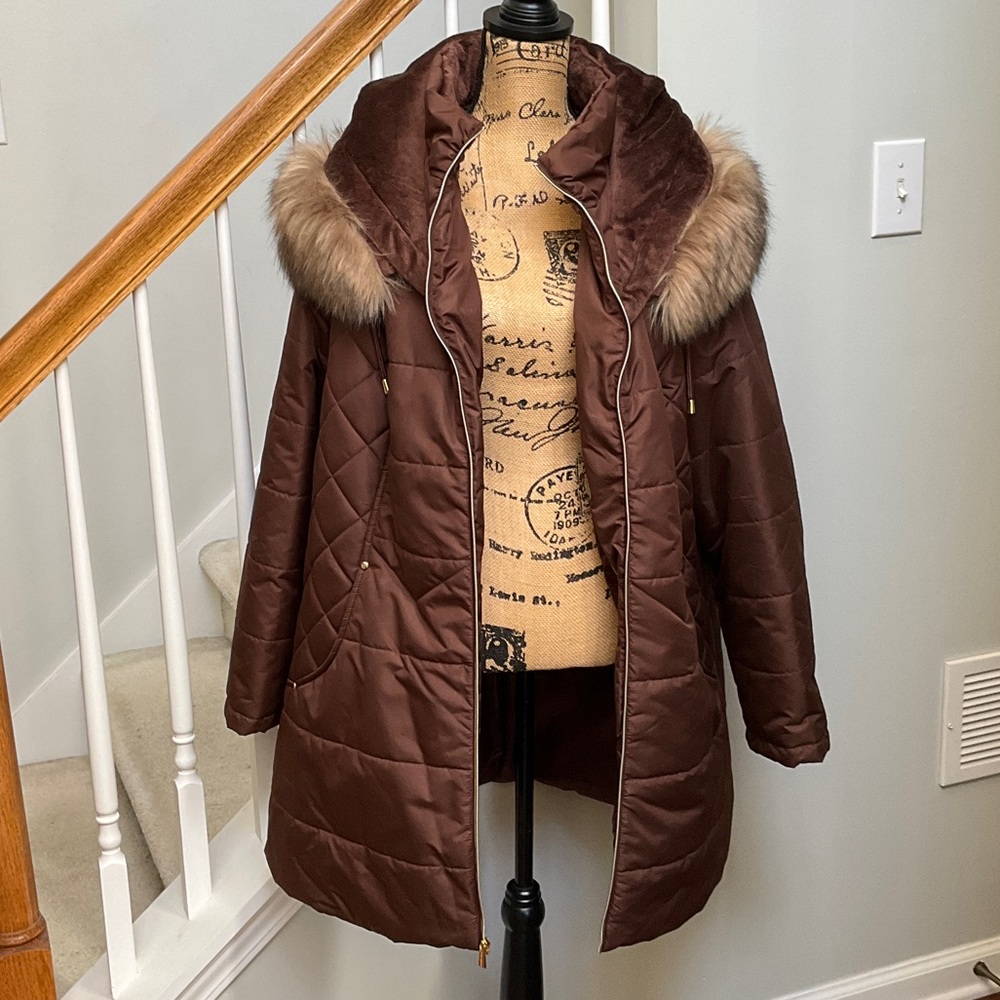 Susan Graver Brown Puffer Coat with Faux Fur Trim 2XL - Picture 6 of 12